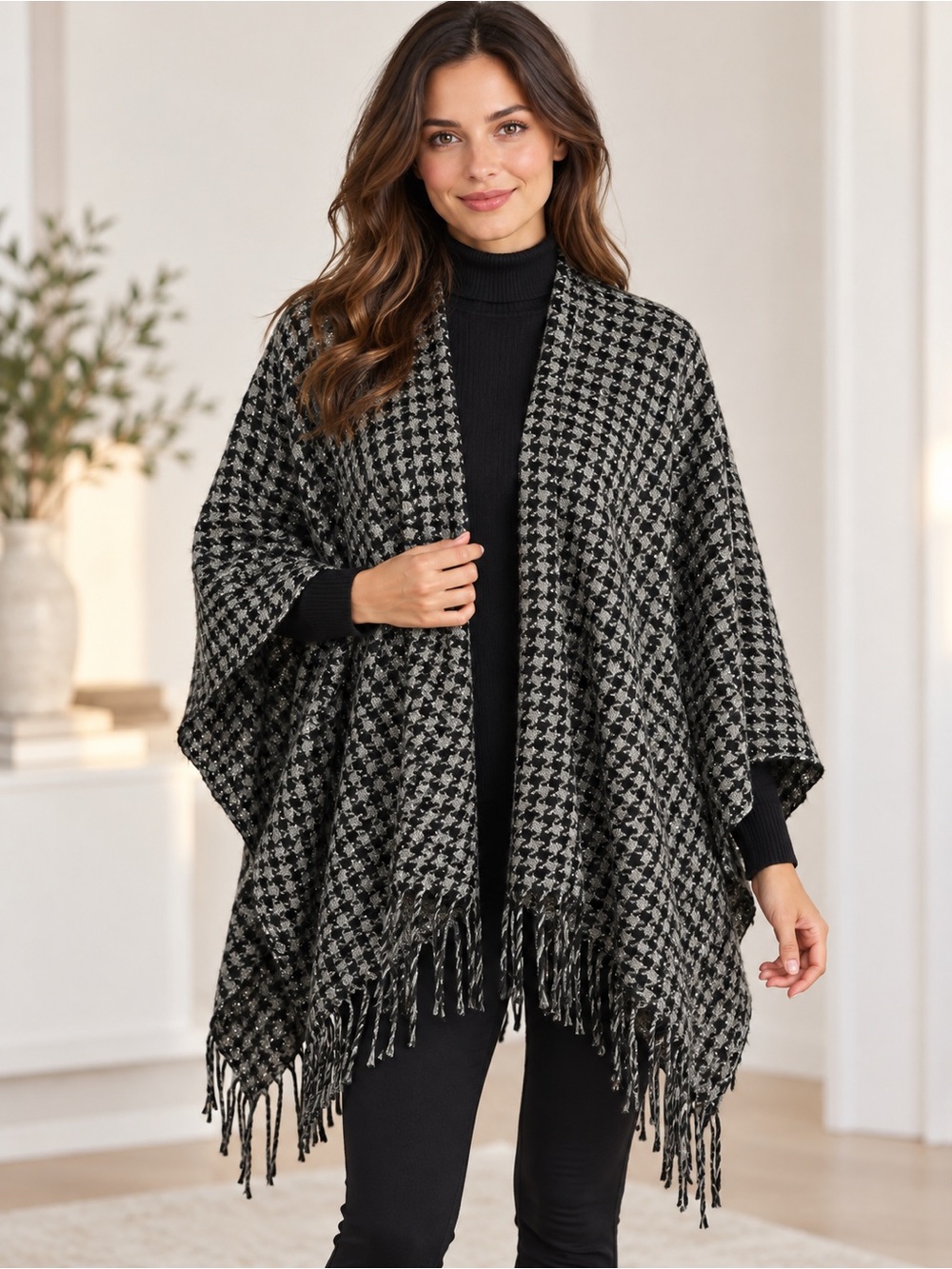 Black Gray Houndstooth Silver Sparkle Fringe Open Front Poncho Cape